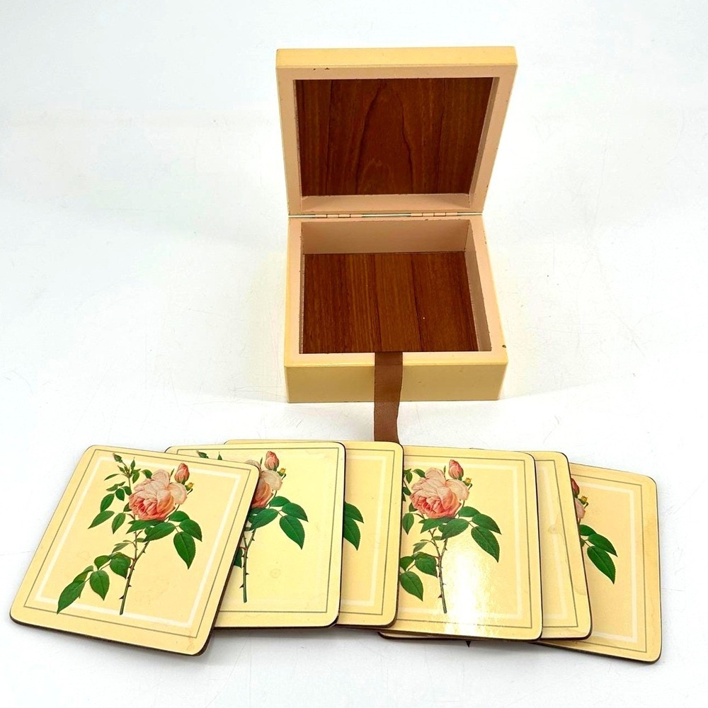 Vintage Botanical Rose Coaster Set of 6 Cottagecore Wooden Storage Box Cork Back